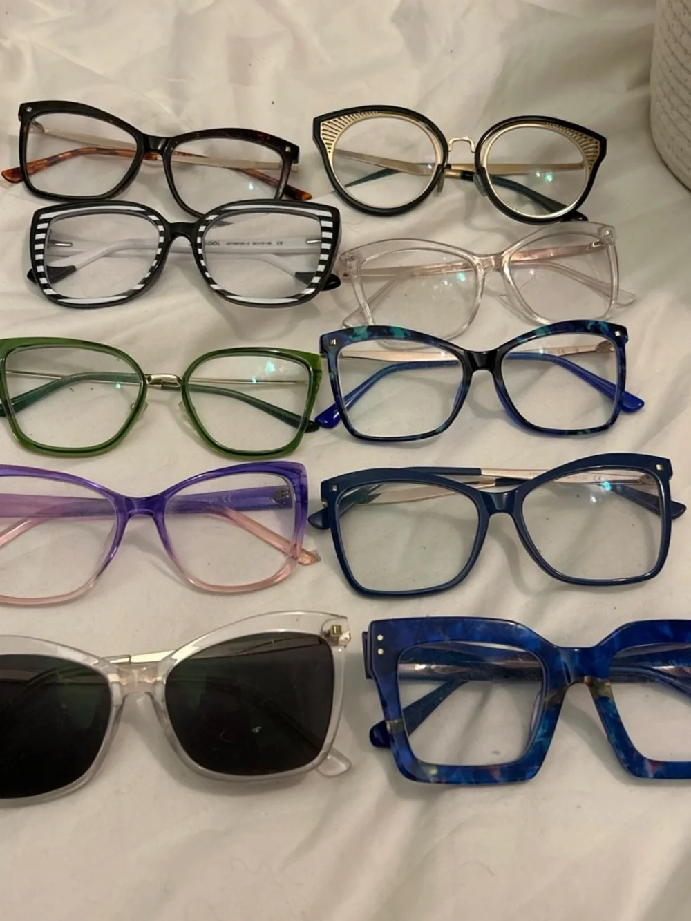 Assorted Women's Fashion Eyeglass Frames in Blue, Green, Purple, Pink and Black